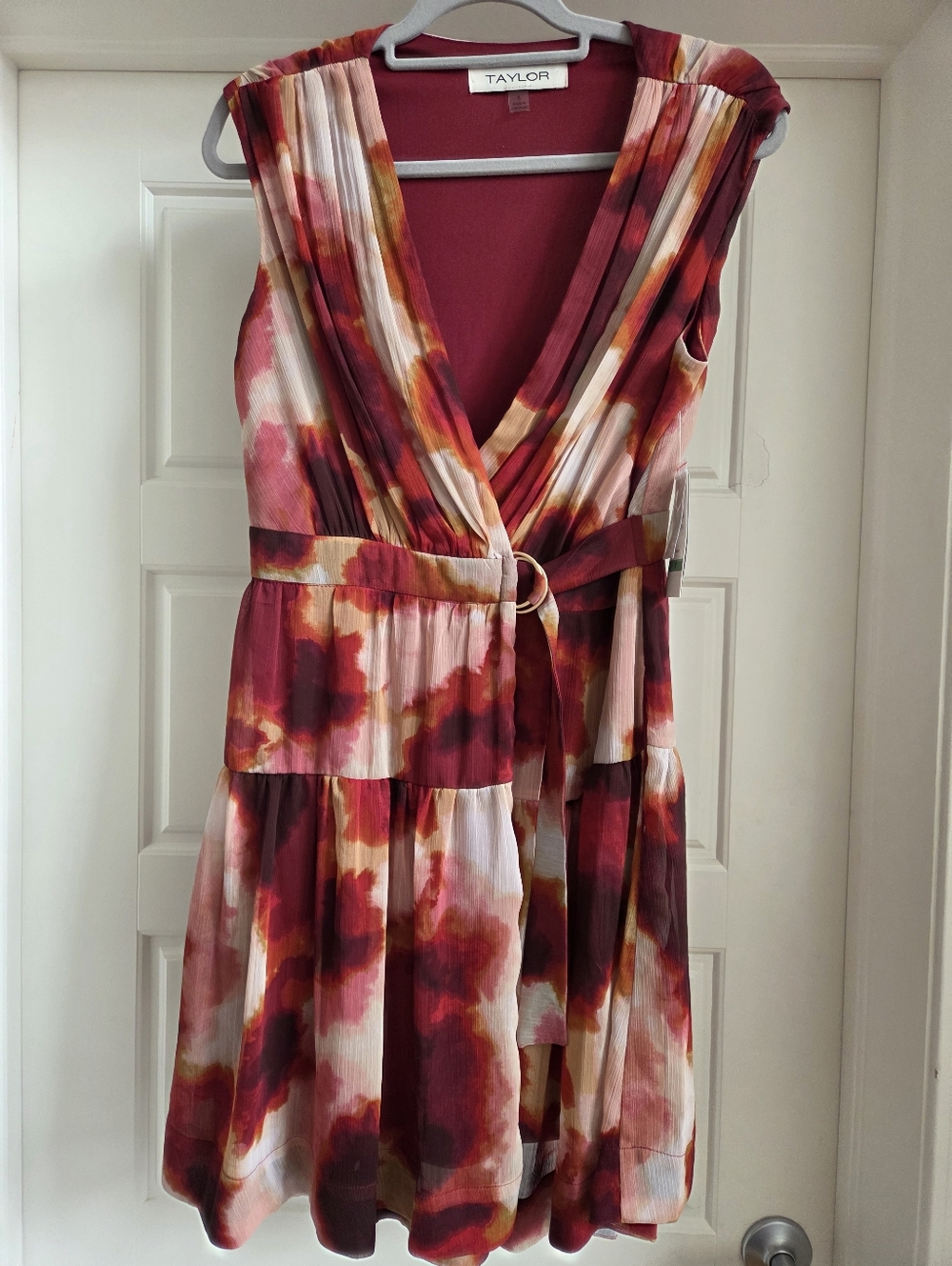 Taylor Watercolor Belted Wrap Dress in Red, Pink and‎ Gold